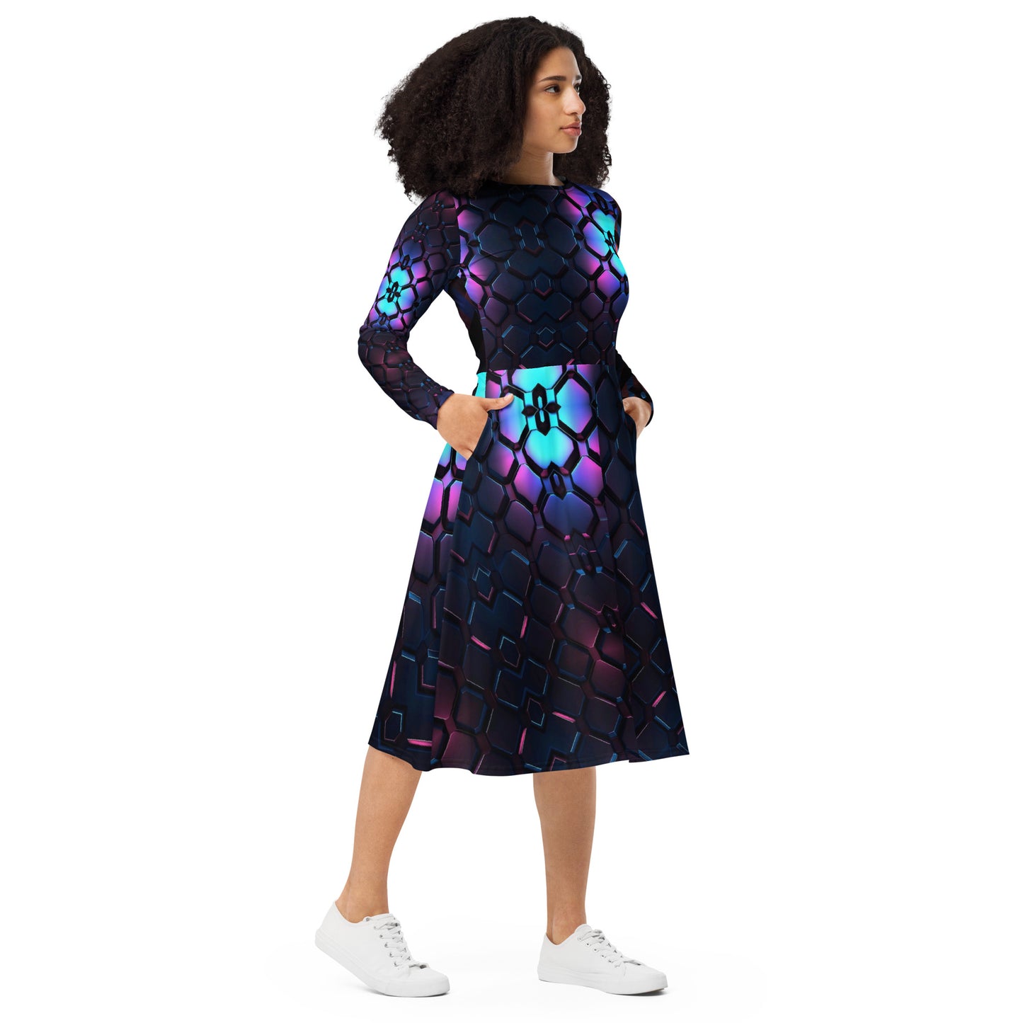 All-over print long sleeve midi dress